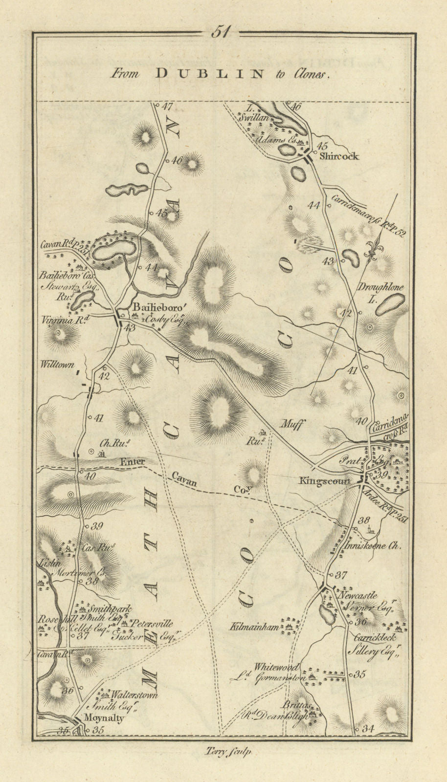 #51 Dublin to Clones. Bailieborough Kingscourt Moynalty. TAYLOR/SKINNER 1778 map